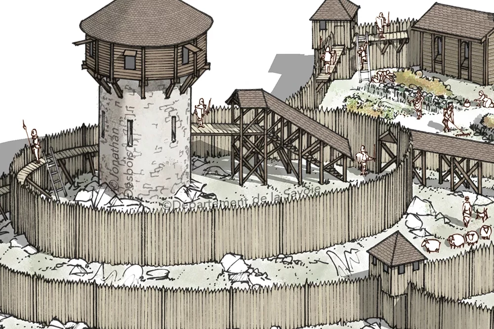 jonathan-desbois-illustration-reconstitution-historique-chateau-1e-02 Illustration de reconstitution historique représentant le château primitif en bois, autrement appelé « motte castrale ».