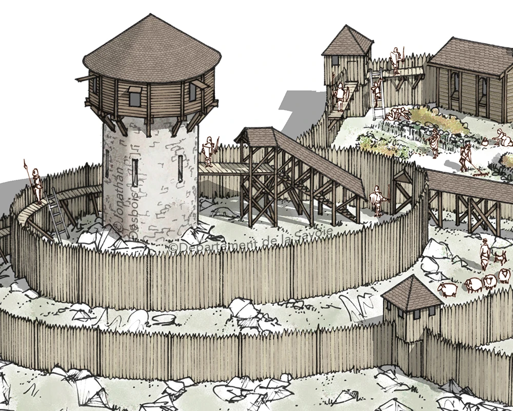 Illustration de reconstitution historique représentant le château primitif en bois, autrement appelé « motte castrale ».