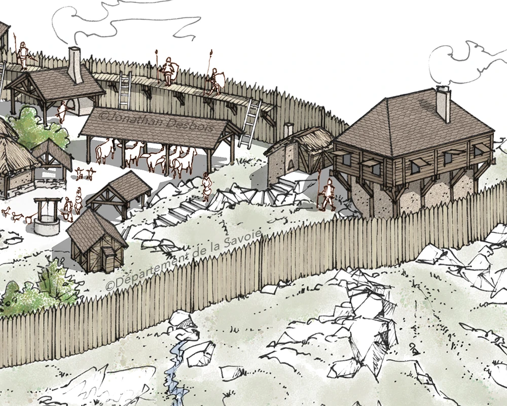 Illustration de reconstitution historique représentant le château primitif en bois, autrement appelé « motte castrale ».