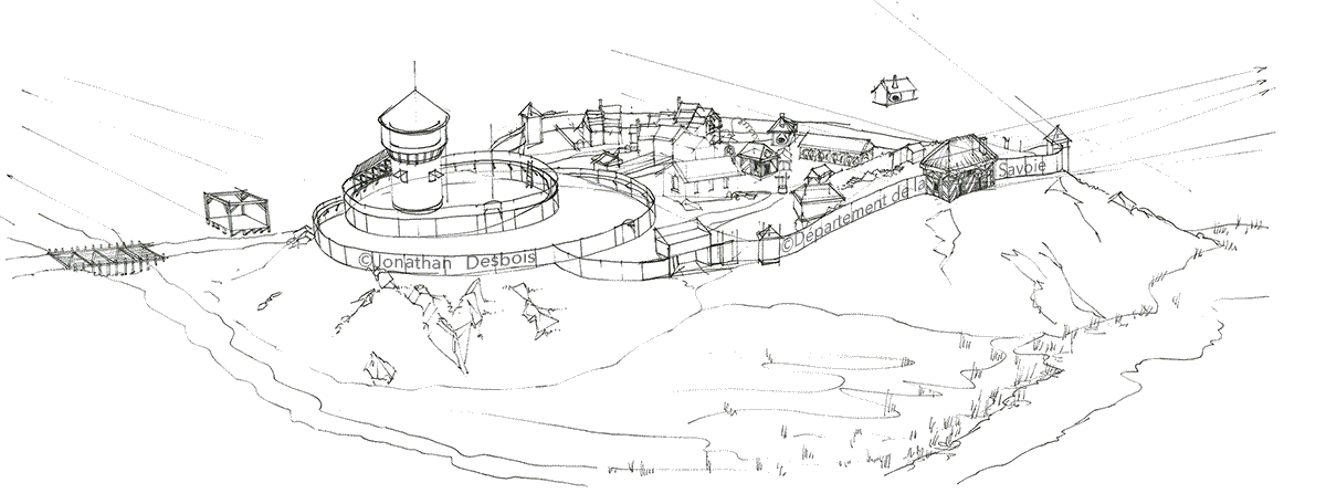 Animation montrant l’élaboration progressive de l’illustration du château primitif en bois, autrement appelé « motte castrale ».