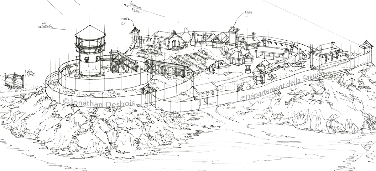 Esquisse préparatoire pour la reconstitution historique du château primitif en bois.
