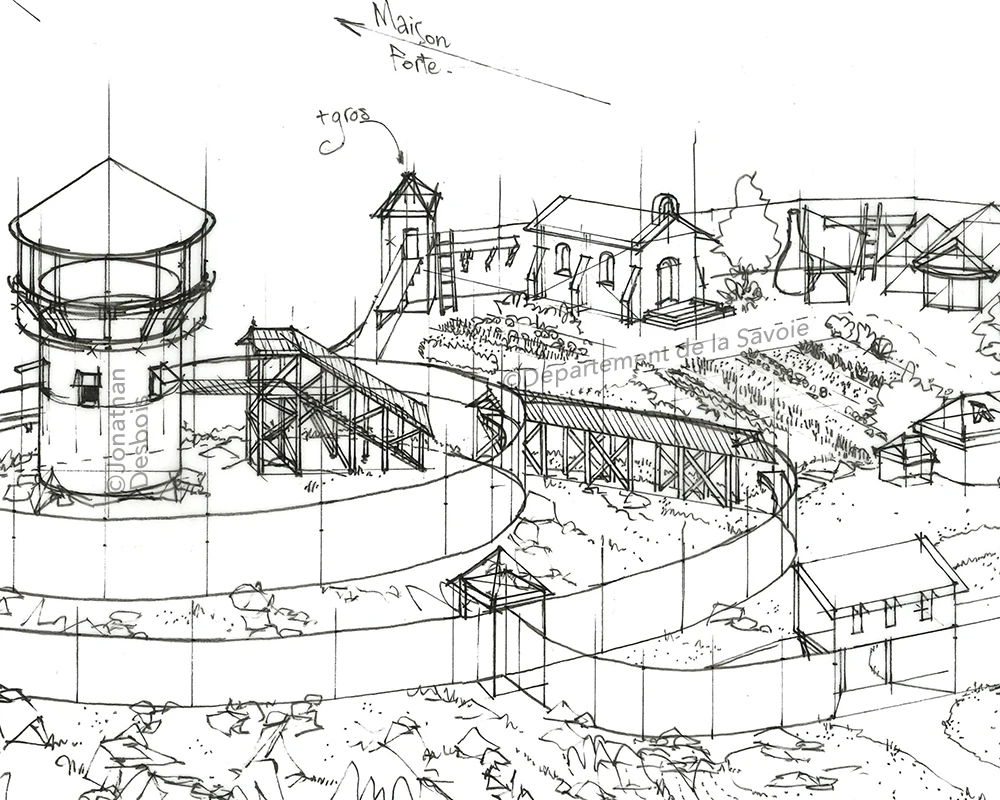 Esquisse préparatoire pour la reconstitution historique du château primitif en bois.