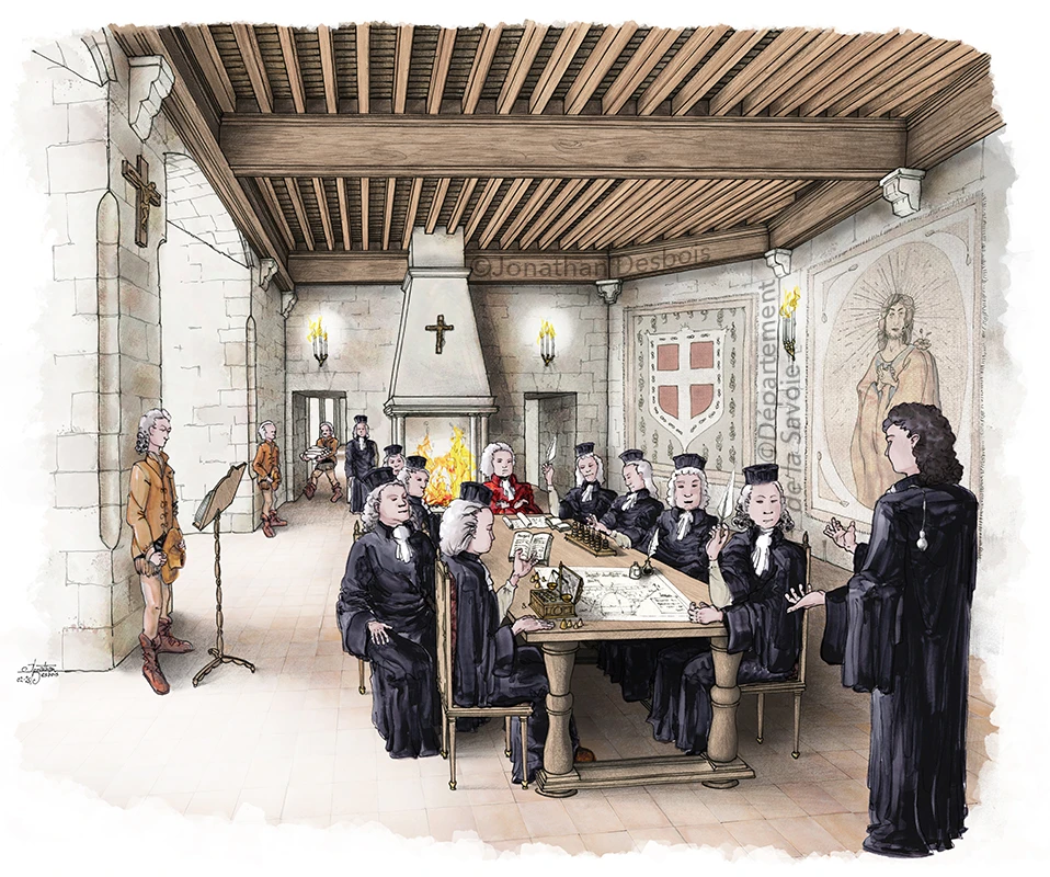Illustration de reconstitution historique représentant une séance de la Chambre des Comptes au château des Ducs de Savoie.