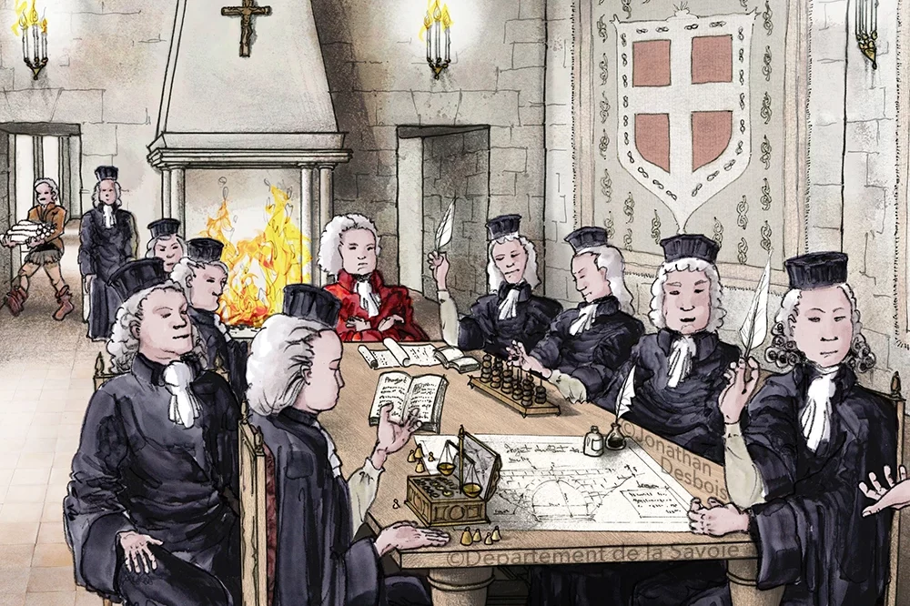 jonathan-desbois-illustration-reconstitution-historique-chateau-1f-02 Illustration de reconstitution historique représentant une séance de la Chambre des Comptes au château des Ducs de Savoie.