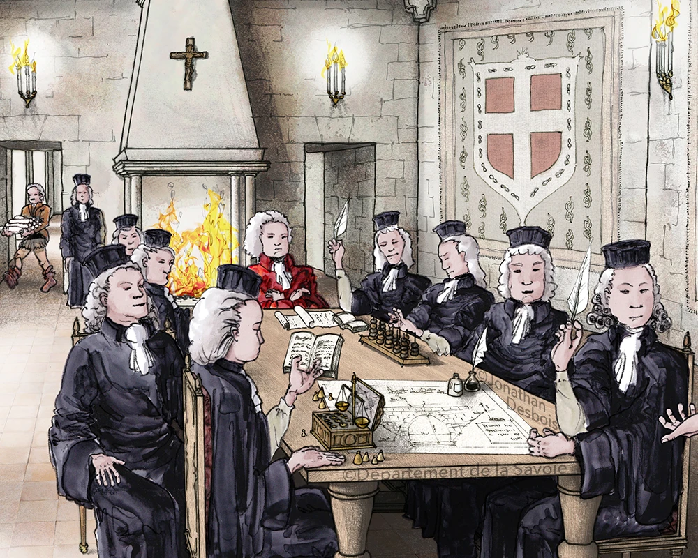 Illustration de reconstitution historique représentant une séance de la Chambre des Comptes au château des Ducs de Savoie.