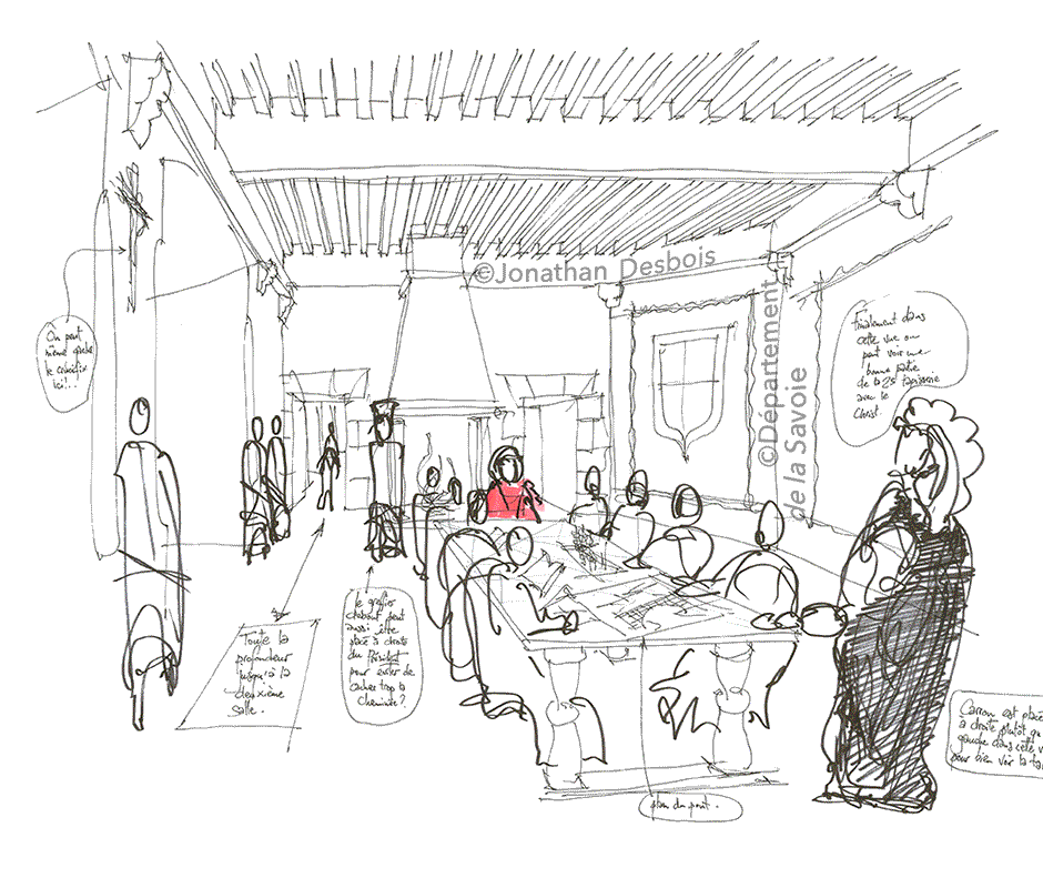 Animation montrant l’élaboration progressive de l’illustration de la Chambre des Comptes au château des Ducs de Savoie.