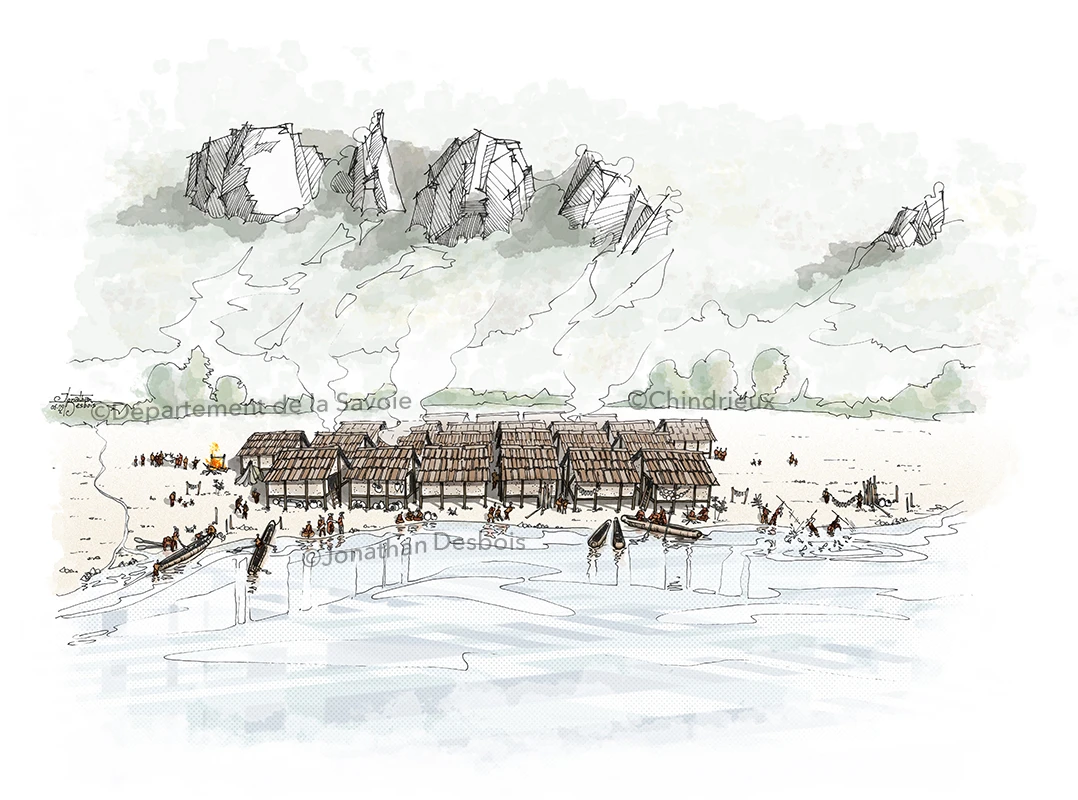 Reconstitution du village des palafittes de Châtillon, dans le lac du Bourget, en Savoie.
