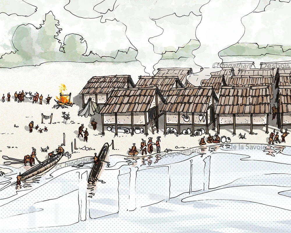 Reconstitution du village des palafittes de Chindrieux, dans le lac du Bourget, en Savoie.