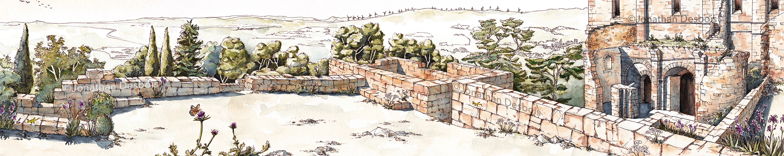 Illustration du panorama méditerranéen de l’abbaye Saint-Félix-de-Montceau, à Gigean.