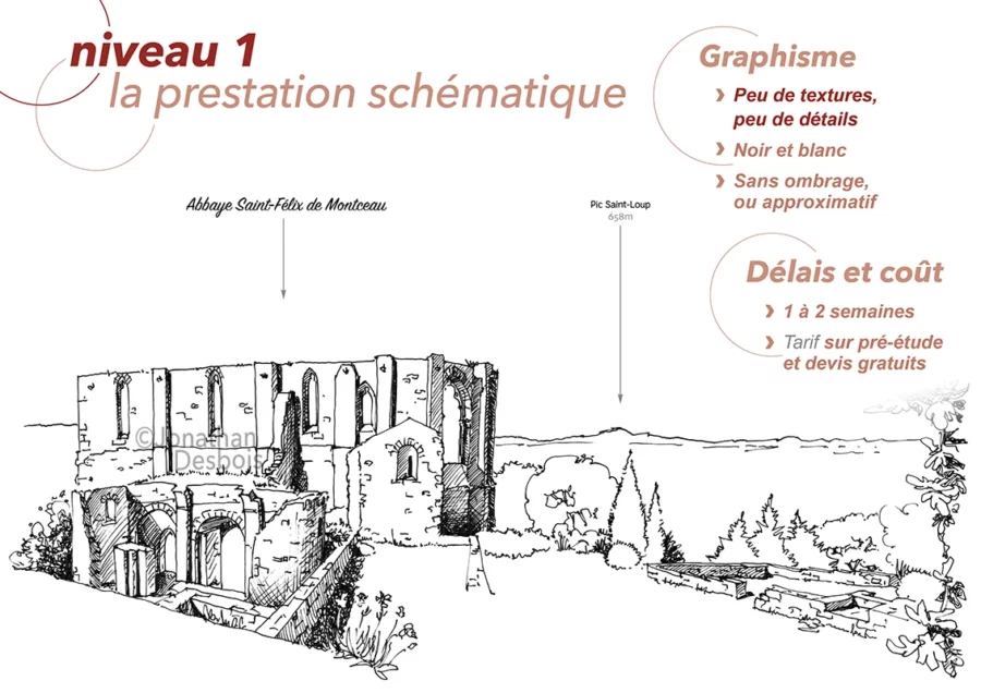 Dessin au trait de l’abbaye Saint-Félix-de-Montceau.