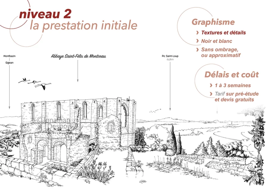 Dessin au trait de l’abbaye Saint-Félix-de-Montceau.