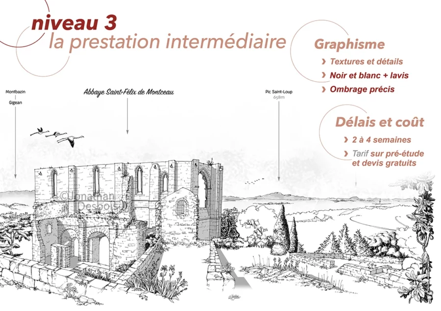 Dessin au trait de l’abbaye Saint-Félix-de-Montceau.