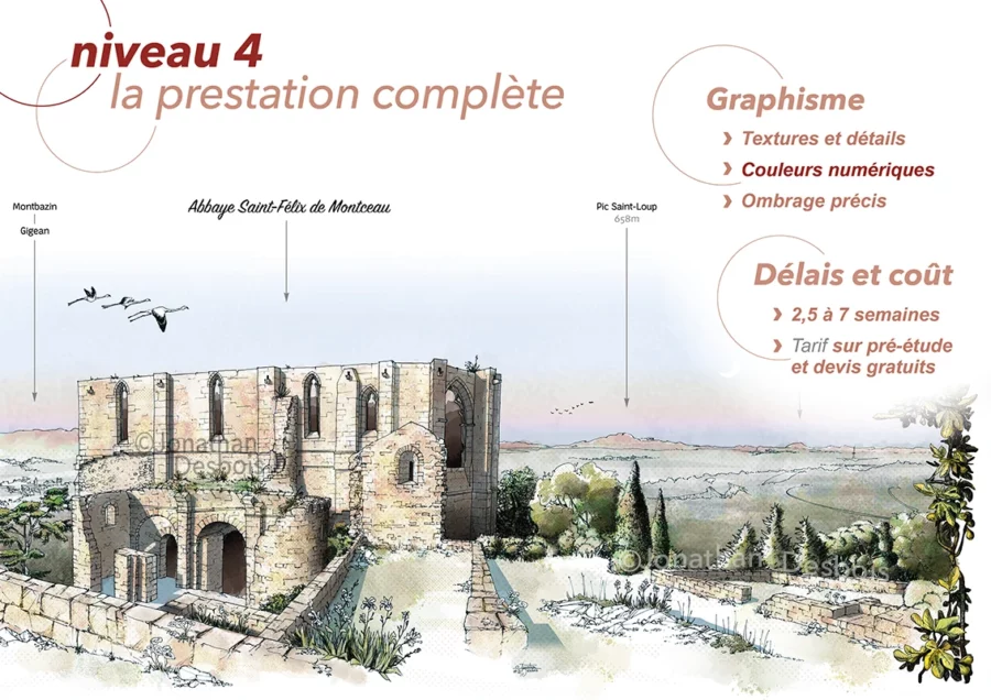 Illustration du panorama méditerranéen de l’abbaye Saint-Félix-de-Montceau, à Gigean.