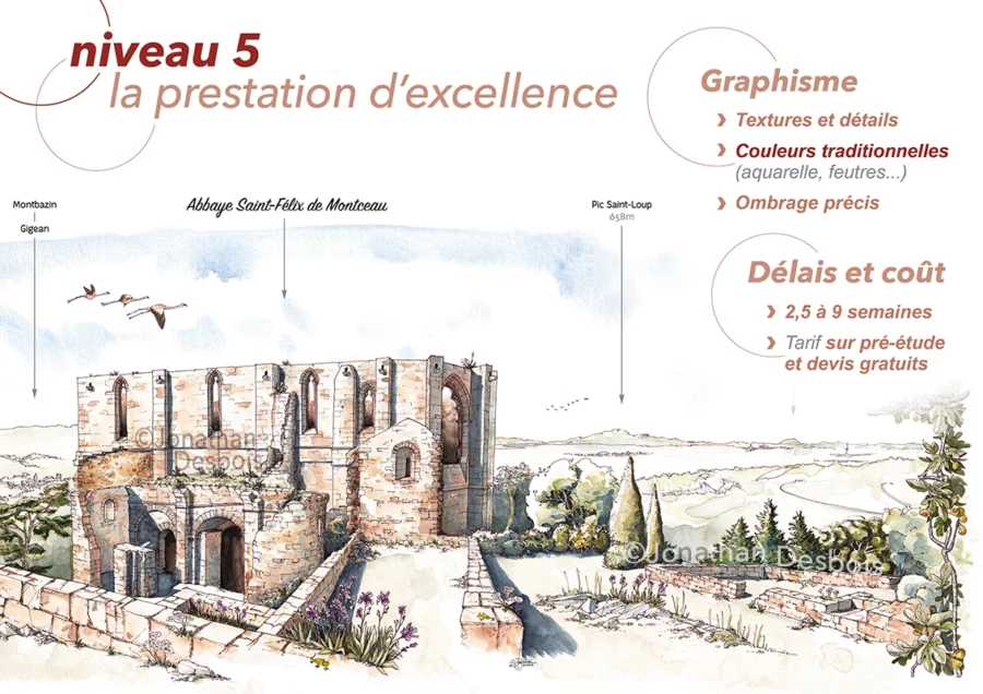 Illustration du panorama méditerranéen de l’abbaye Saint-Félix-de-Montceau, à Gigean.
