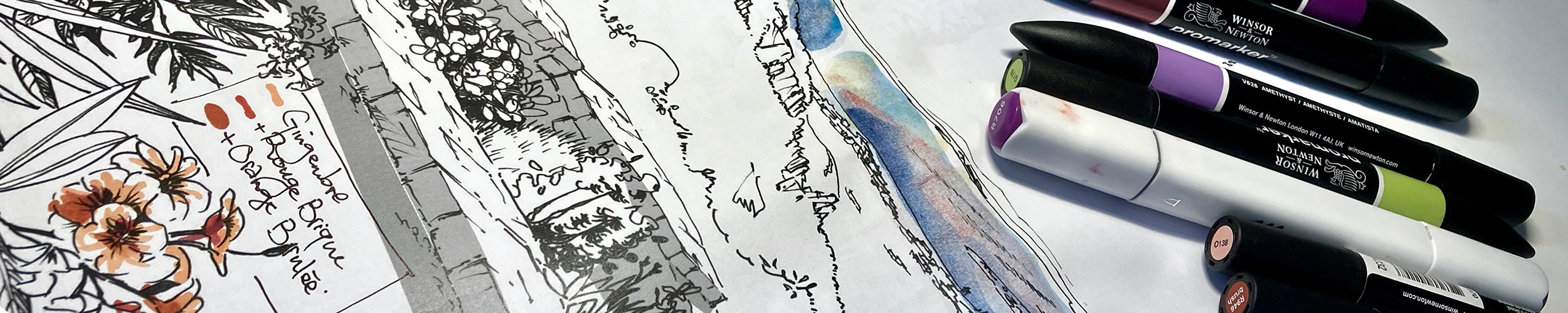 Photographie des croquis préparatoires pour le panorama méditerranéen d’une ancienne abbaye en ruines.