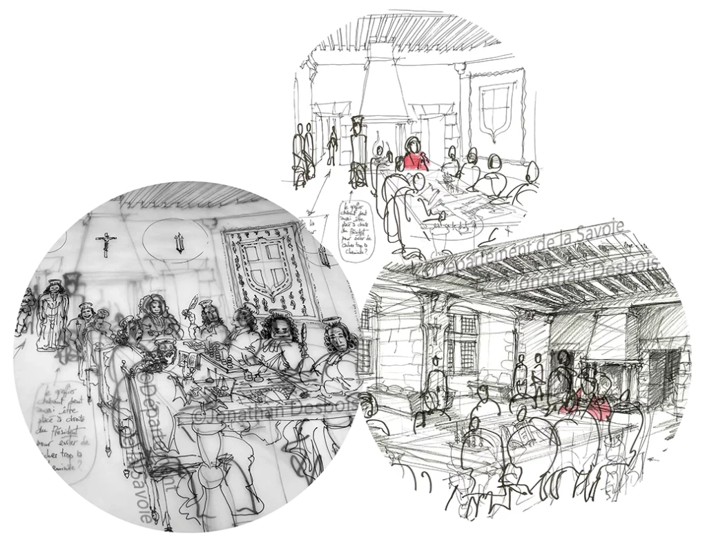 Esquisse préparatoire pour la restitution historique de la Chambre des Comptes au château des Ducs de Savoie.