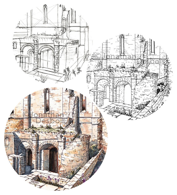 Esquisse et illustration d’une ancienne abbaye méditerranéenne en ruines.