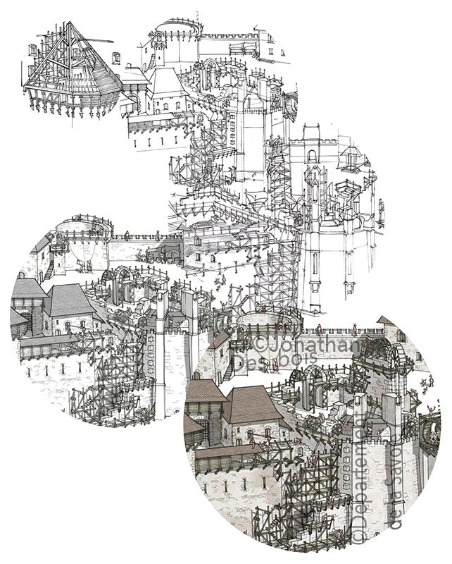 Esquisse préparatoire pour la reconstitution historique du château en chantier, à Chambéry, entre le 13ème et le 15ème siècle.