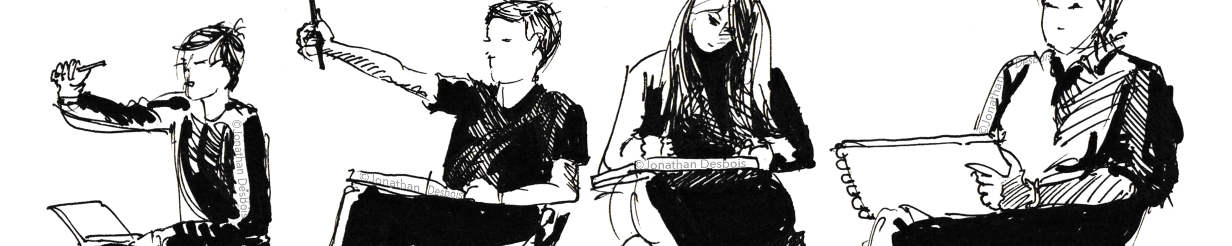 Croquis de personnages réalisant des esquisses sur leurs carnets, lors d’un atelier d’initiation au dessin.