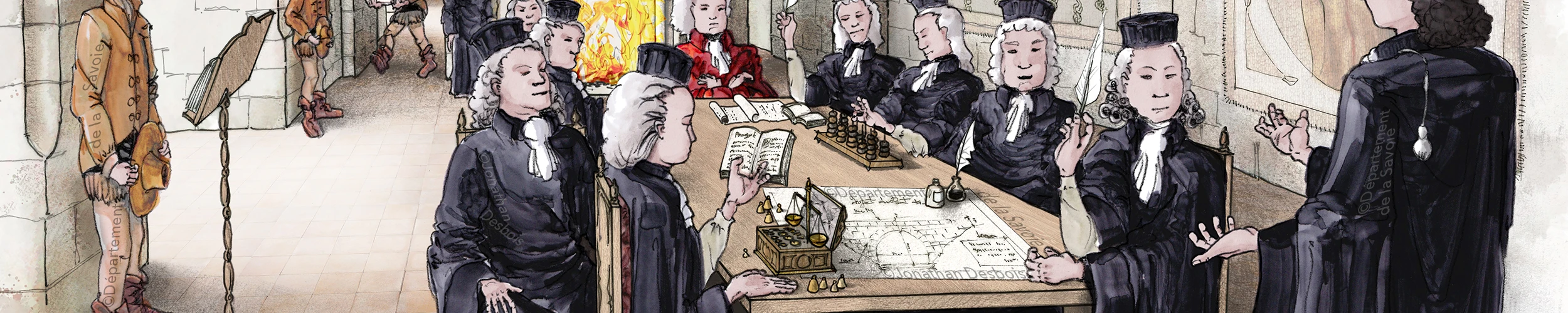 Illustration de reconstitution historique représentant une séance de la Chambre des Comptes au château des Ducs de Savoie.